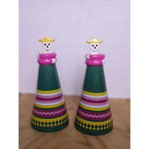 Pair of Día de Muertos 8.5" Bottle Vases Green/ Pink/Yellow